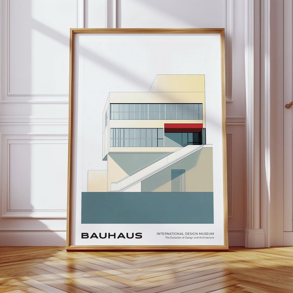 Framed print of geometric mid century modern art with a red awning on a minimalist building leaning on a wooden floor