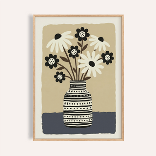 Framed print close-up of flower vase wall art with black and white flowers and patterned vase