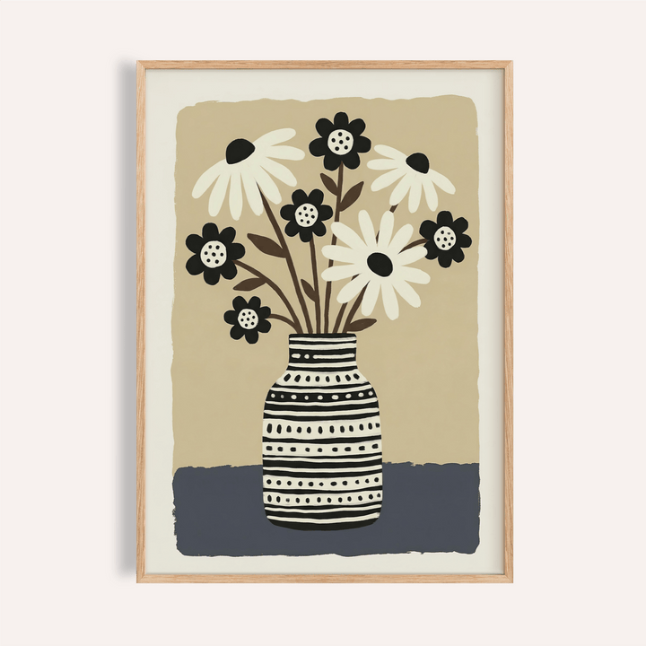 Framed print close-up of flower vase wall art with black and white flowers and patterned vase