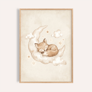 Framed print of a sleeping fox on a cream crescent moon with beige stars