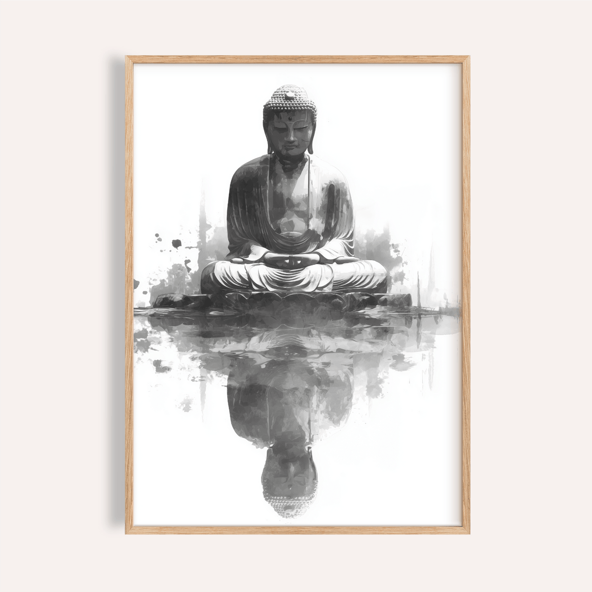 Framed Meditation Statue Reflection wall art in black and white tones on a pale background
