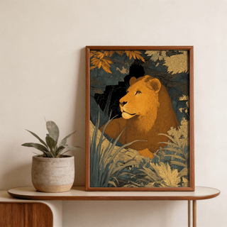 Framed Wildlife Art Print of a lioness in orange and blue tones on a wooden shelf with a plant