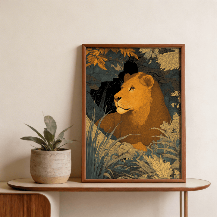 Framed Wildlife Art Print of a lioness in orange and blue tones on a wooden shelf with a plant