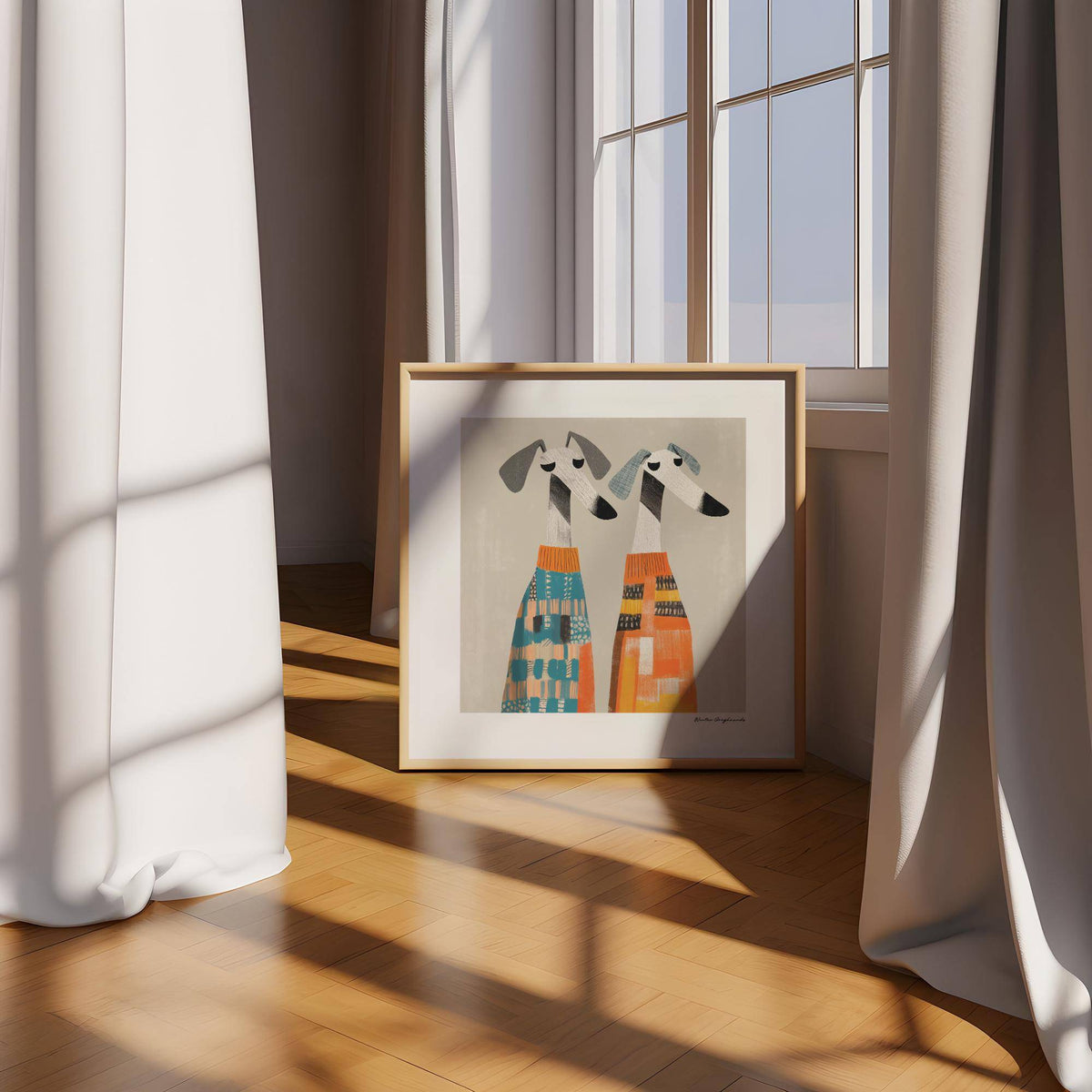 Wall Art Dog print of two greyhounds in colourful sweaters leaning on a wooden floor near a window
