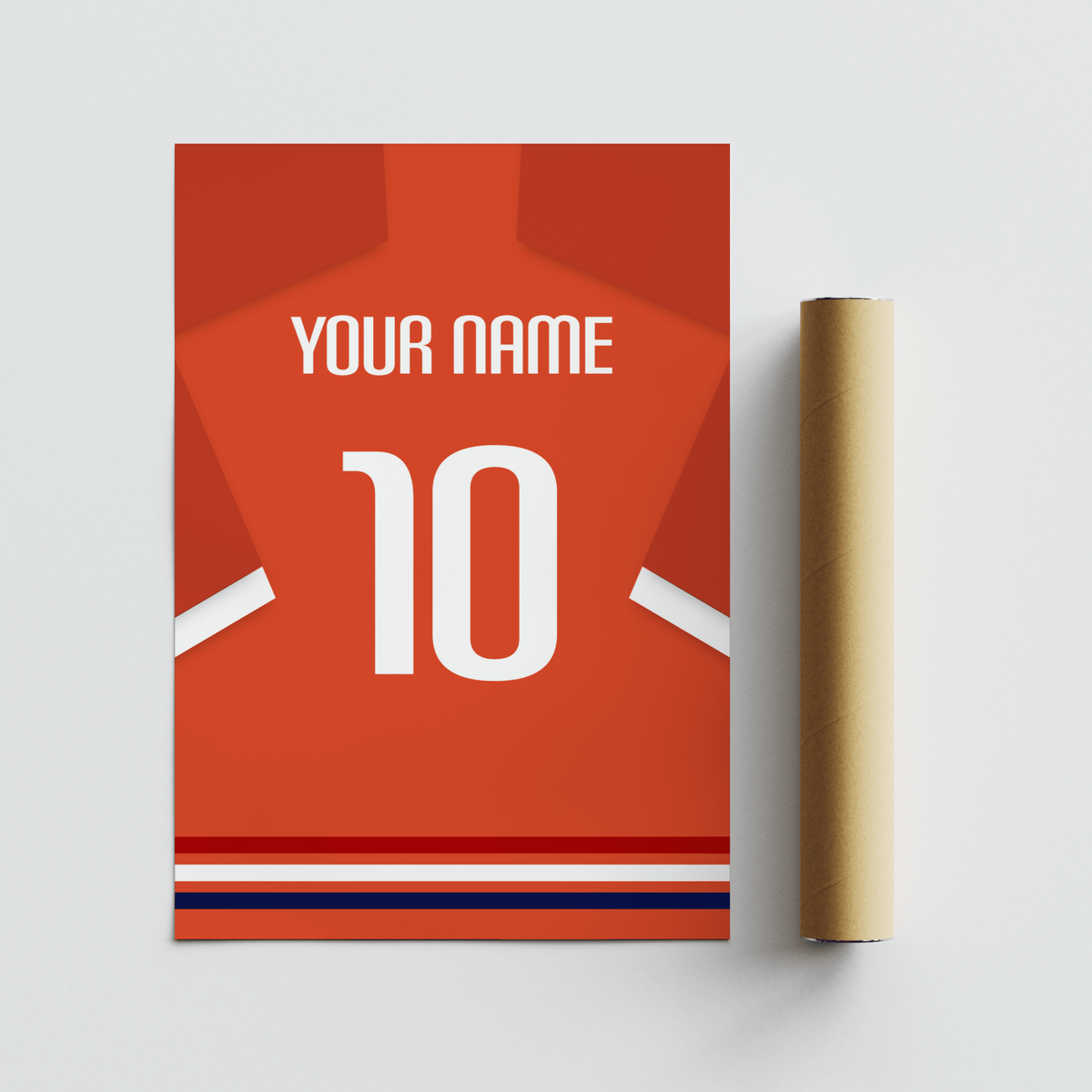 Rolled poster with minimalist orange-red football shirt and white number 10 beside it