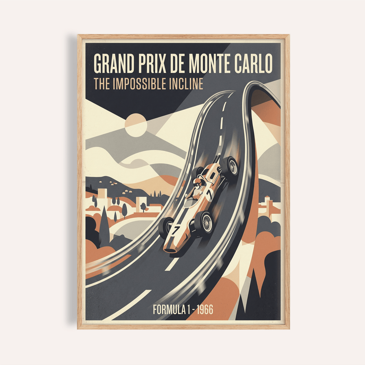 Featured Grand Prix Wall Art poster with race car on looping incline and bold headline text