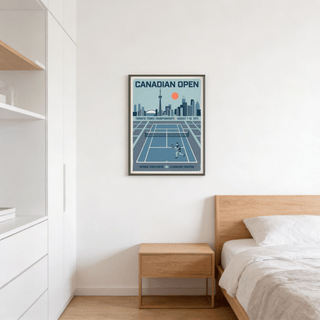 Canadian Open Tennis Art Print on a bedroom wall above a wooden bedside table with minimalist tennis court illustration
