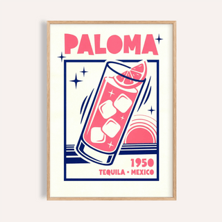 Framed Paloma Cocktail Print with mid-century style illustration in pink and blue