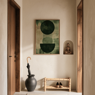Hallway print of Green Wabi Sabi Print with abstract shapes in dark and light green above shoe rack and umbrella pot