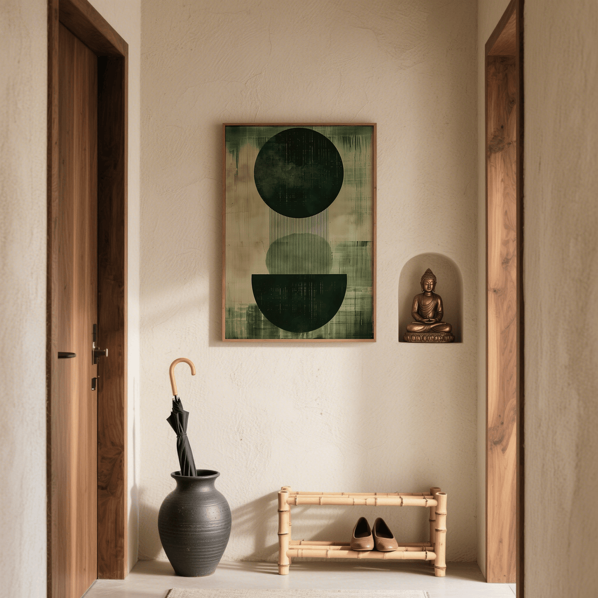 Hallway print of Green Wabi Sabi Print with abstract shapes in dark and light green above shoe rack and umbrella pot