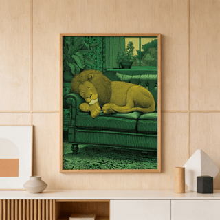 Sleeping Lion Print framed print of a yellow lion asleep on a green couch on a wooden paneled wall above decorative vases