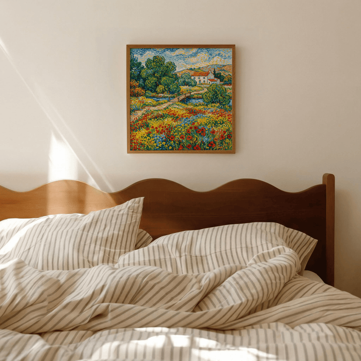 Print on a wall of vibrant landscape art with a wildflower meadow and house above a bed with striped bedding
