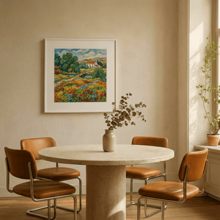 Print on a wall in a dining room showing vibrant landscape art with colourful wildflower meadow and a house