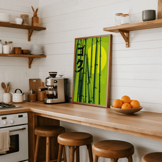 Green Bamboo Print leaning on a kitchen worktop with a bowl of oranges and wooden stools