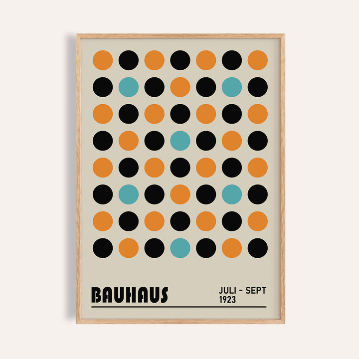 Framed print close-up of Geometric Wall Decor with orange black and muted blue dots and typographic text