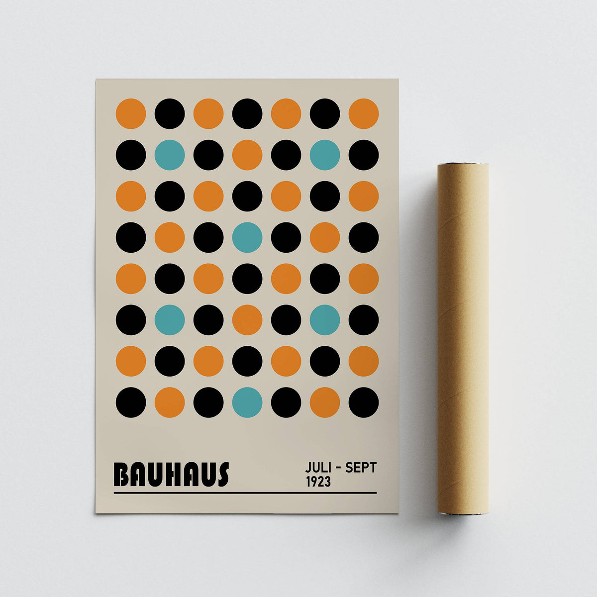 Geometric wall decor with a multicolour dots pattern on beige background next to a packaging tube