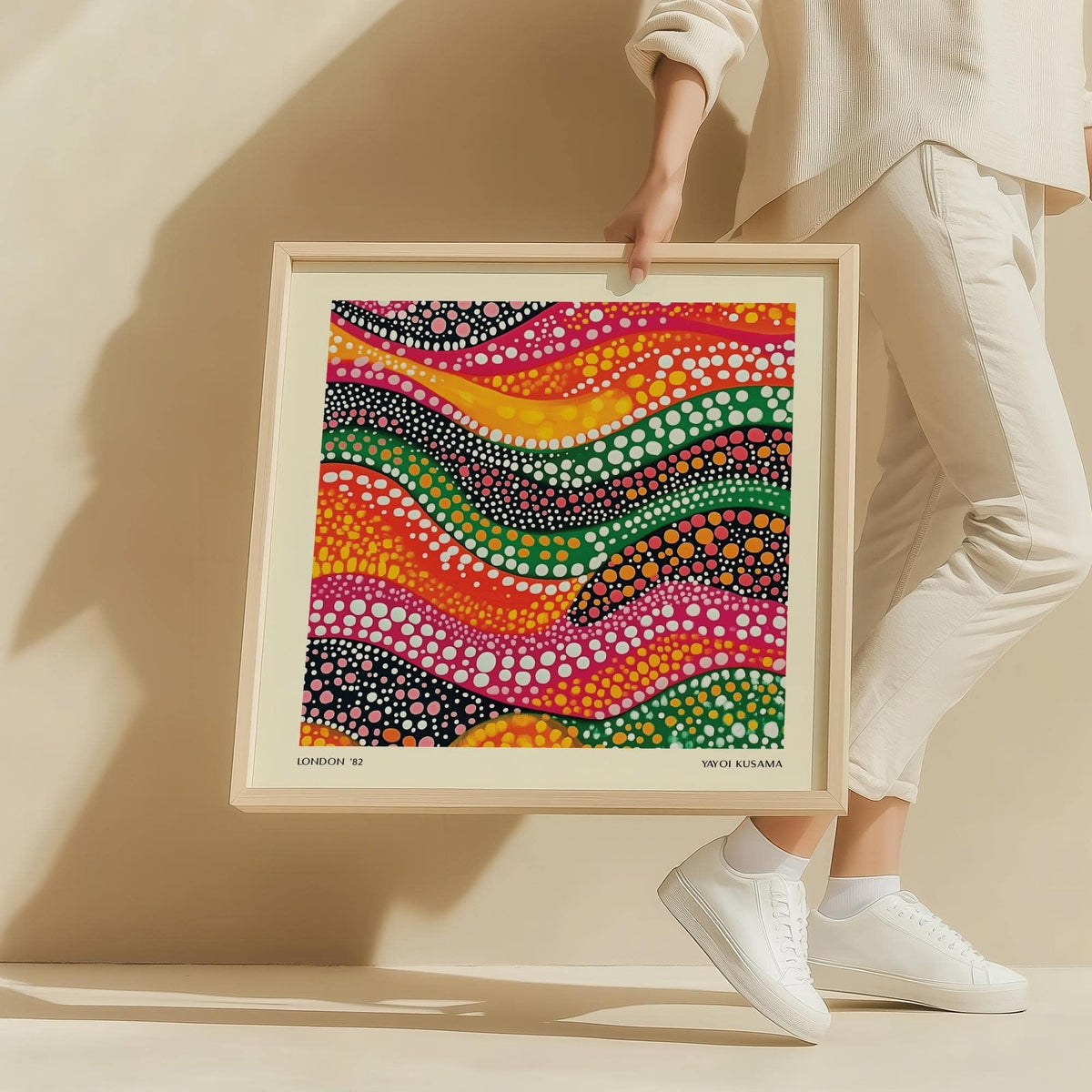 Abstract Art Colorful framed print of dotted wavy lines in pink orange green and black held by person