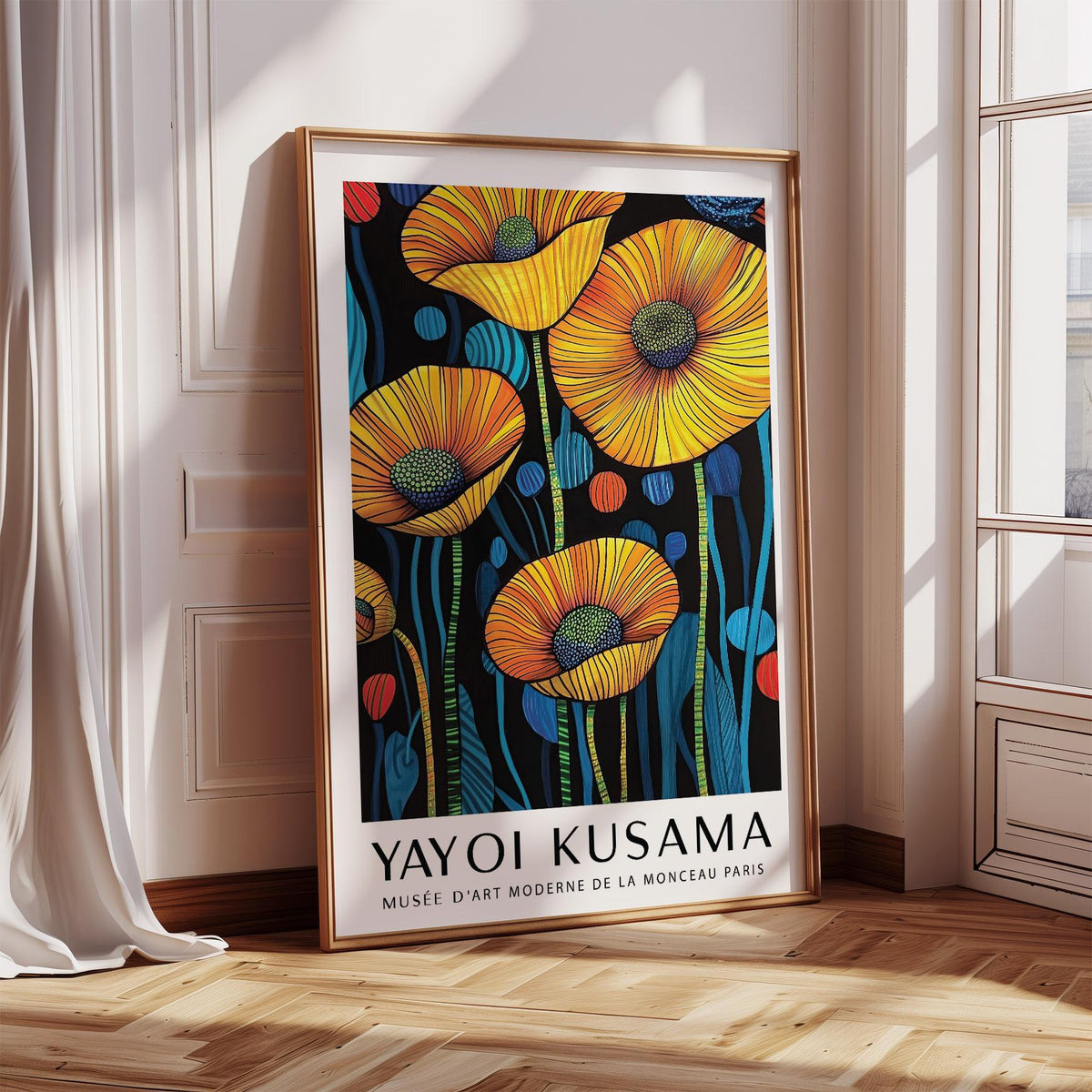 Art of Poppies print leaning on floor with yellow poppies in bright illustration style and sunlight