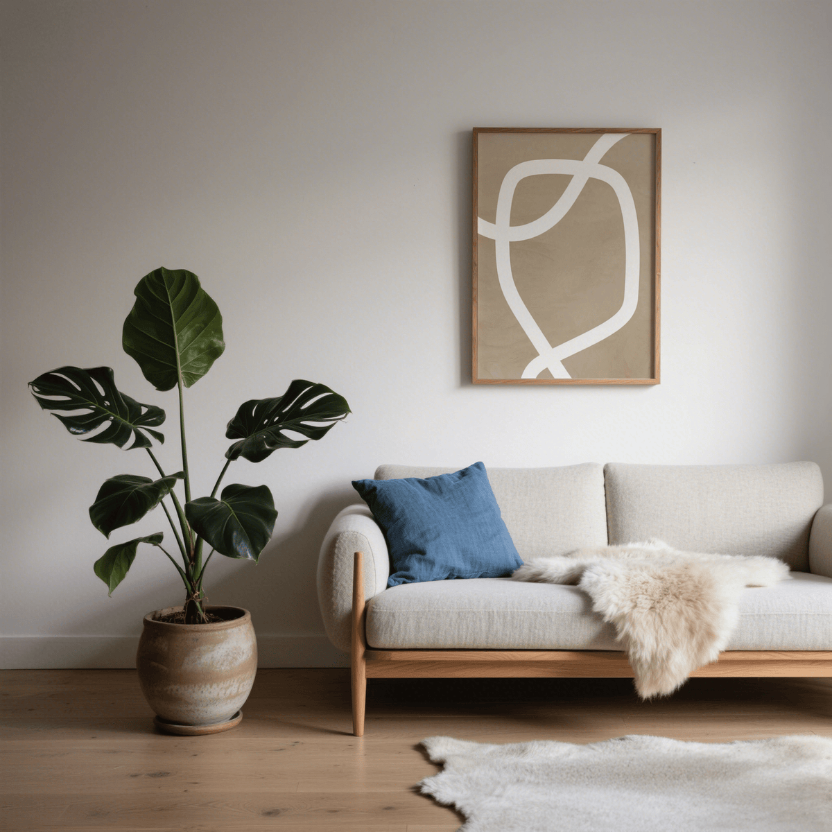 Minimalist Art Wall print with a curved white line above a sofa with blue cushion and plant