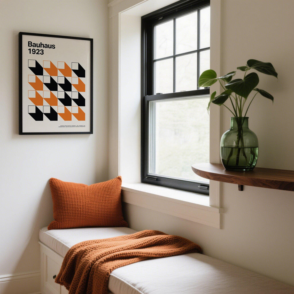 Artwork for Office of orange and black geometric grid hanging above a white bench with orange cushion and throw