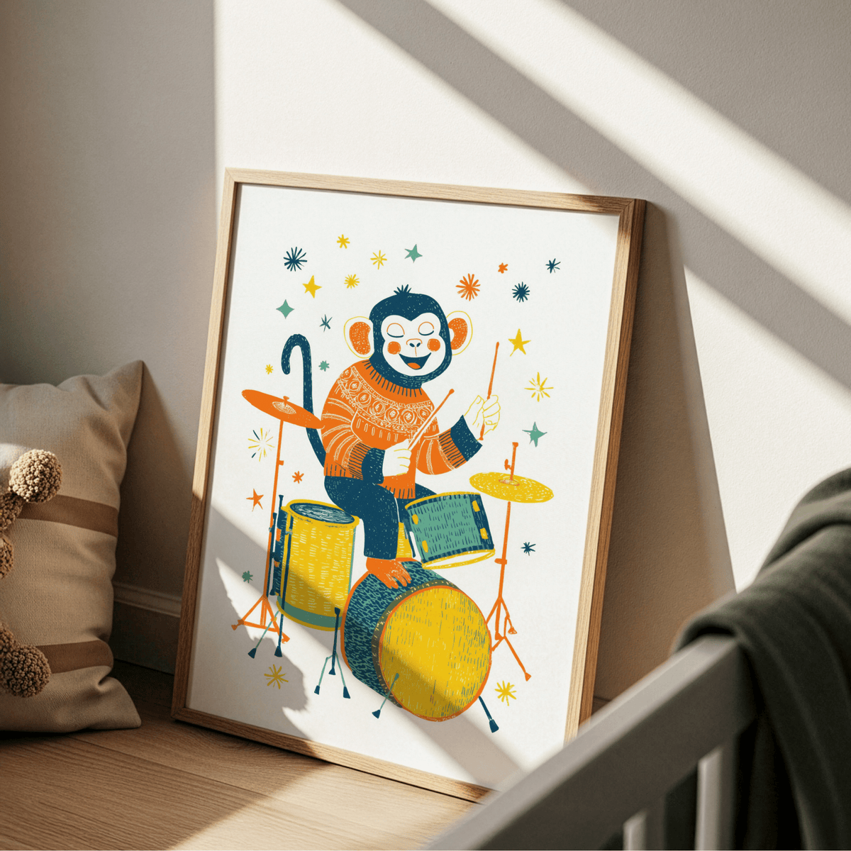 Monkey Drummer Art Print leaning on a floor by a cushion and chair with warm natural light
