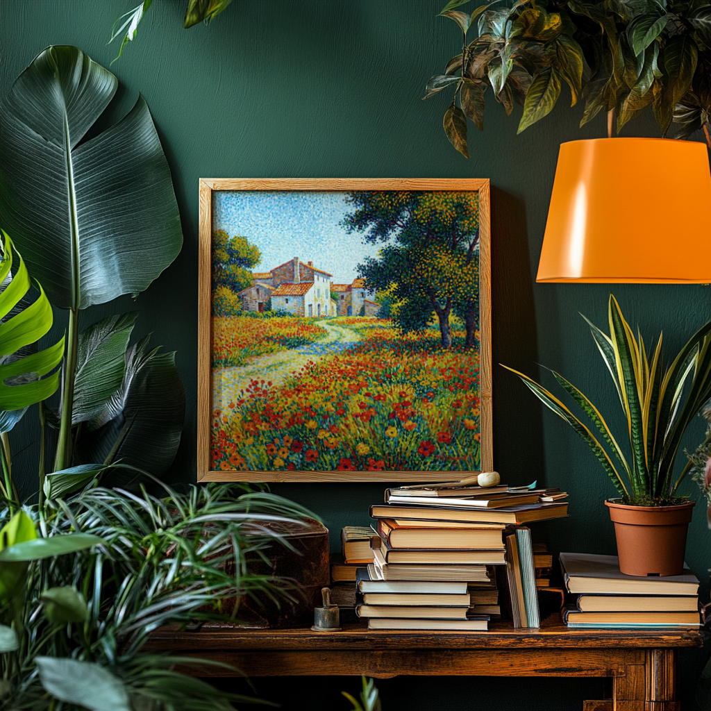 Flower Field Art Print leaning on a shelf with books and plants around in a green room
