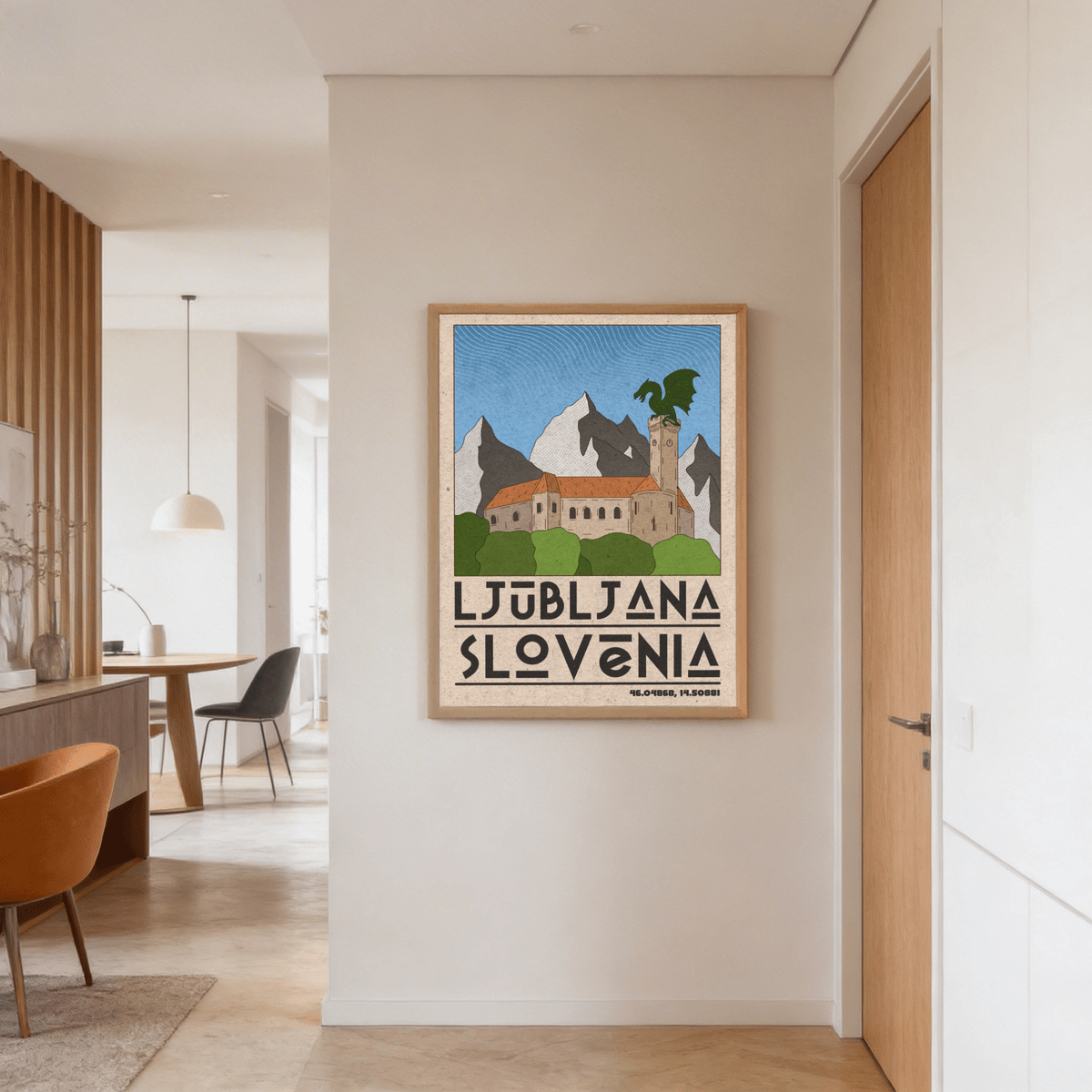Ljubljana Slovenia art print of a dragon statue on castle tower in muted colours hung in a hallway by a door