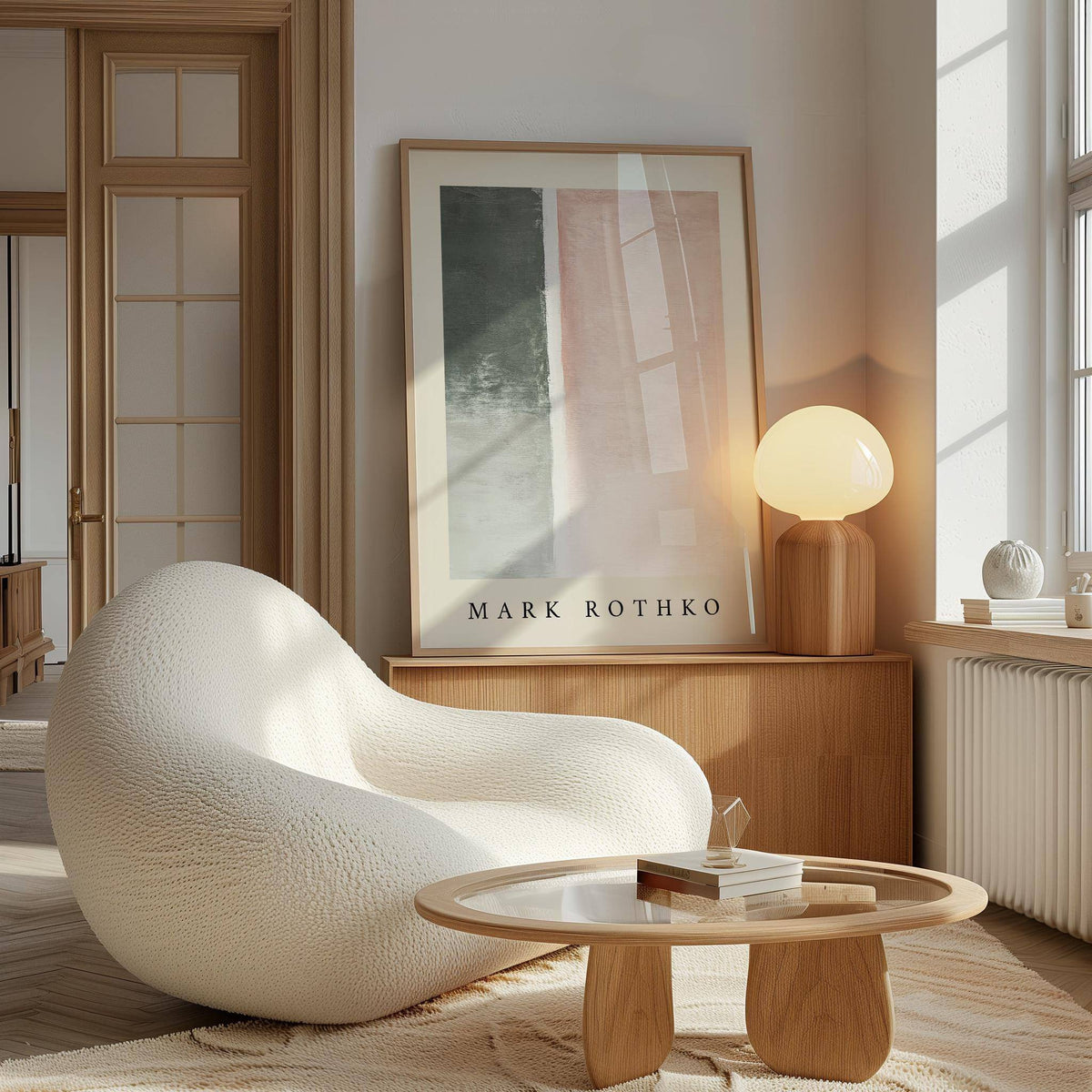 Art wall painting with abstract pastel blocks in grey and pink leaning on a wooden cabinet with a lamp