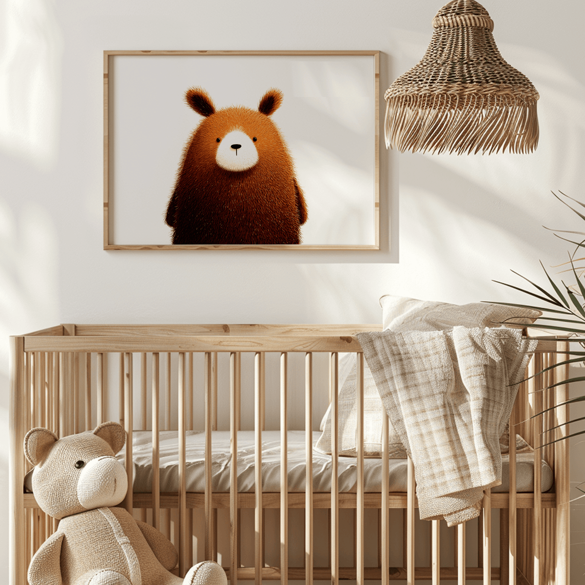 Print on a wall in a nursery of a fluffy brown cartoon bear with soft lighting and a wicker lamp