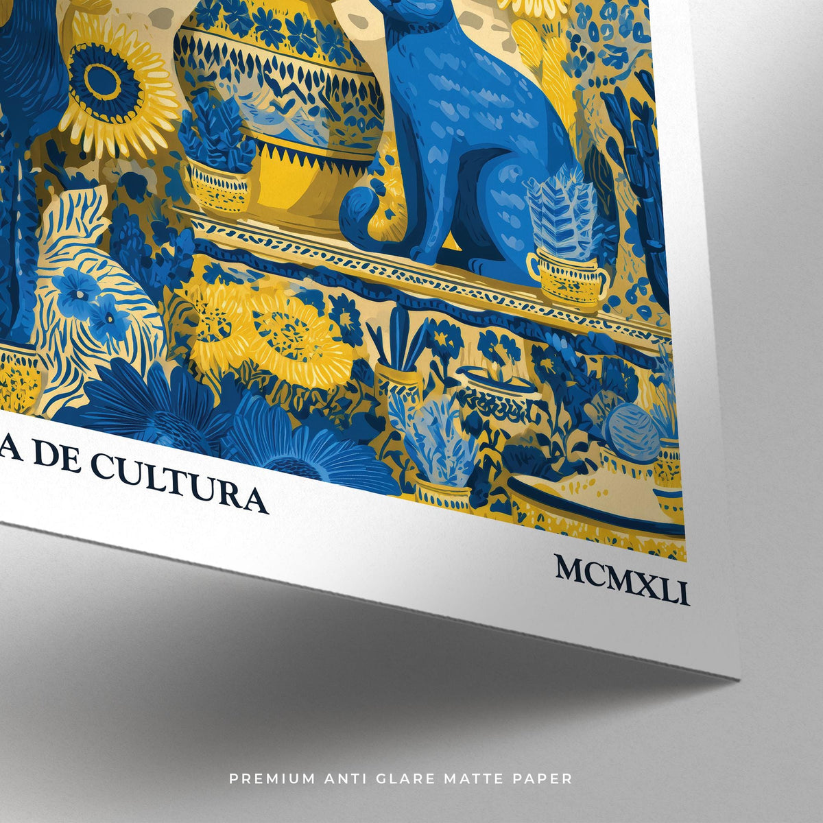 Detail close-up of Otomi wall art with blue cat and yellow sunflowers on matte paper