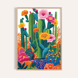 Framed Cactus Floral Wall Art with colourful flowering cactus in an illustrated botanical style