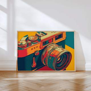 Vintage Camera Wall Art print leaning on wooden floor with sunlight and white walls