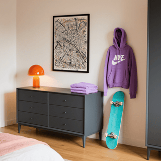 Print on a wall in a bedroom showing Paris map art print in black frame above dark grey dresser with orange lamp and turquoise skateboard