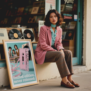 Poster Vintage Music framed print leaning outside a shop next to a woman in a pink coat