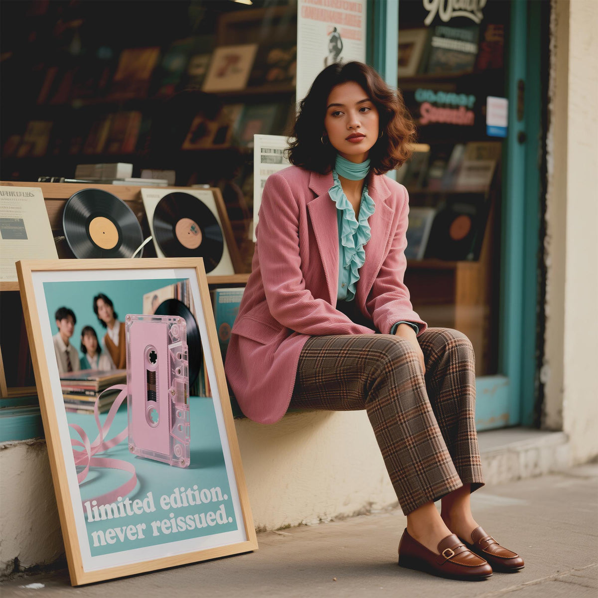 Poster Vintage Music framed print leaning outside a shop next to a woman in a pink coat