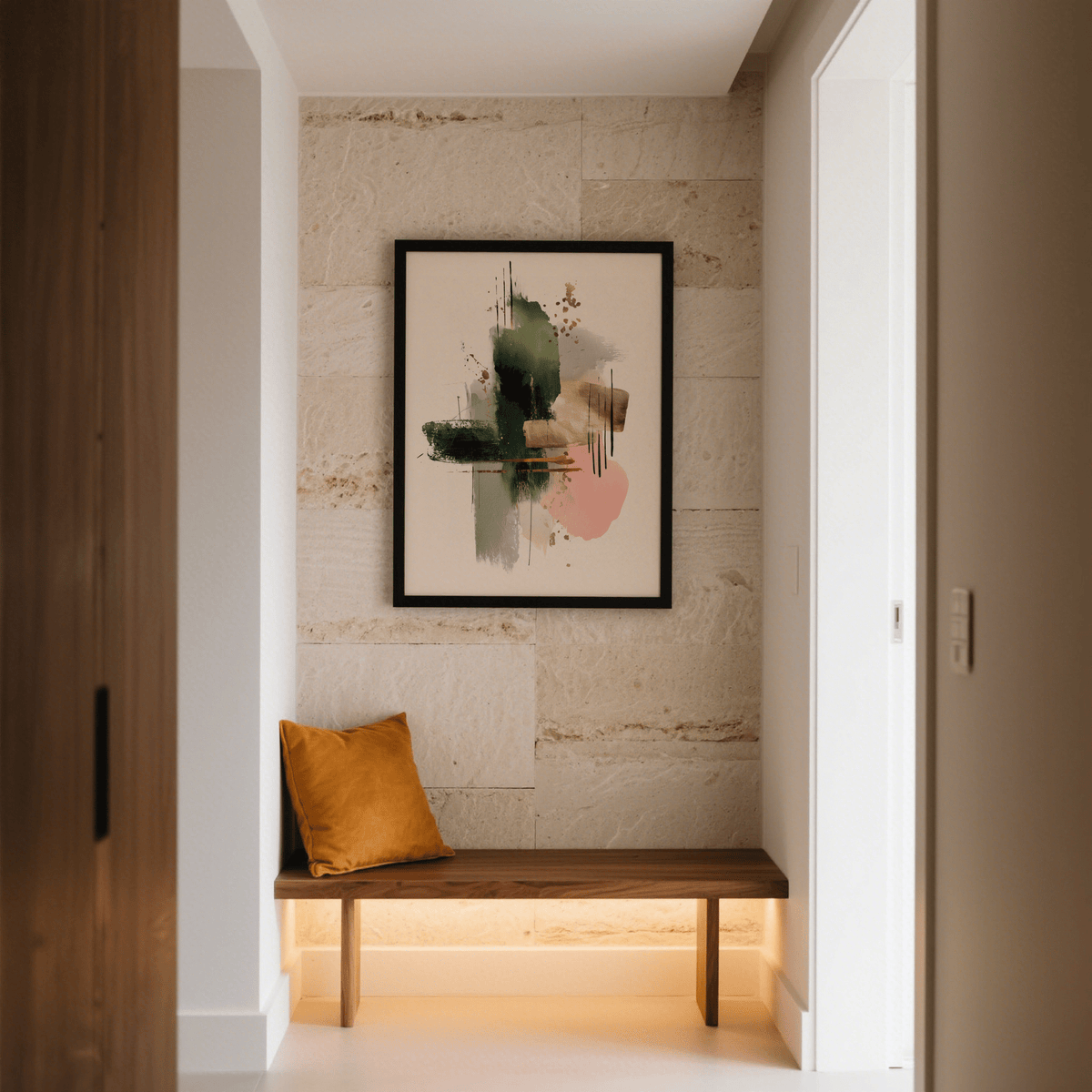 Contemporary Art Poster in a narrow space with abstract green and pink brushstrokes above a wooden bench with a mustard cushion