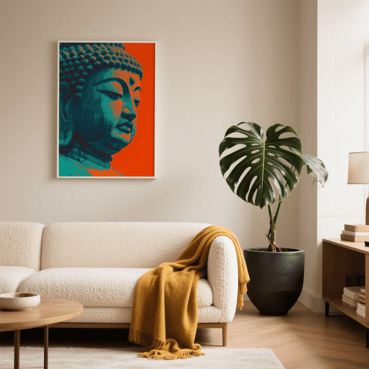 Framed Buddha wall art of a blue statue head on orange above a beige sofa with a mustard throw