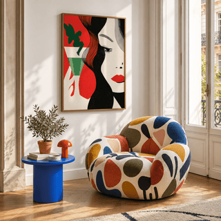 Art Deco Cocktail Woman Print on a living room wall above colourful armchair and blue side table