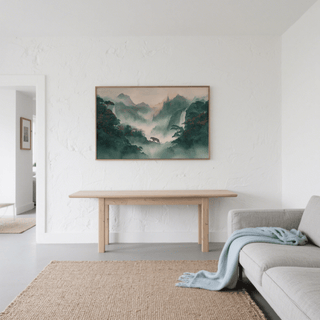 Tiger Landscape wall art of a tiger silhouette in misty greens above a wooden table
