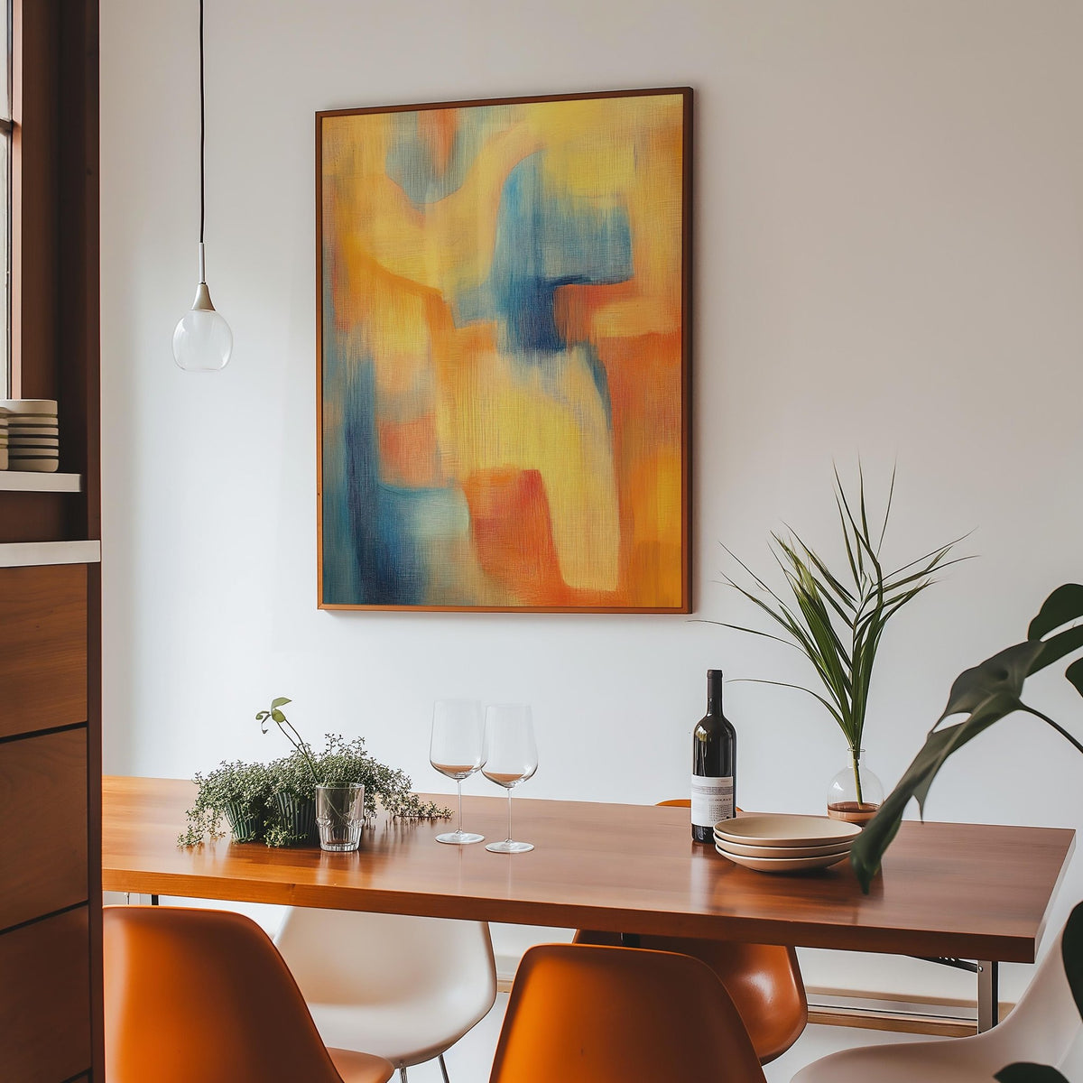 Modern Art Posters in a dining room with abstract colourful shapes in blue orange and yellow above a wooden table with glasses
