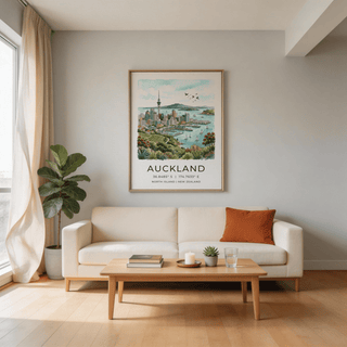 Auckland City Art Print on a wall above a white sofa with a brown cushion and a plant nearby