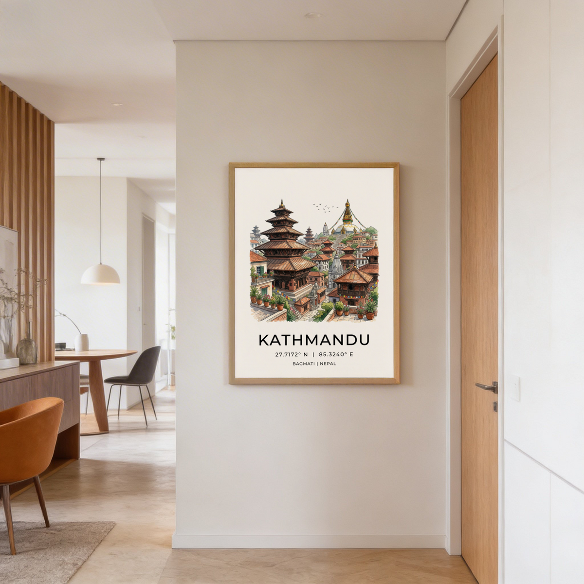 Kathmandu Art Print showing illustrated temple buildings with earthy colours on a wall in a dining room