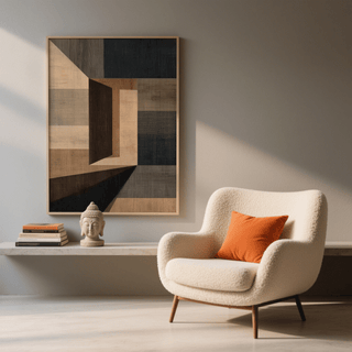 Abstract geometric wall art with brown and grey shapes above a low shelf with a Buddha head sculpture in a softly lit living area