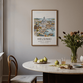Print of Helsinki Watercolor Art showing a detailed cityscape with water and islands framed on a dining room wall