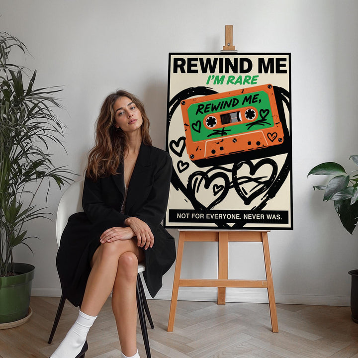 Retro cassette wall art with orange and green tape displayed on an easel near plants