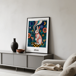 Print leaning on sideboard of white and red rabbit smoking surrounded by flowers and moons in dark colours