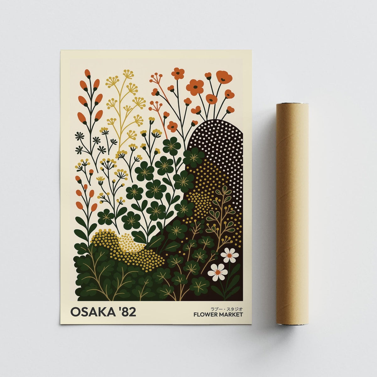 Modern Nature wall art print of minimalist clover flowers with green and orange tones alongside a packaging tube