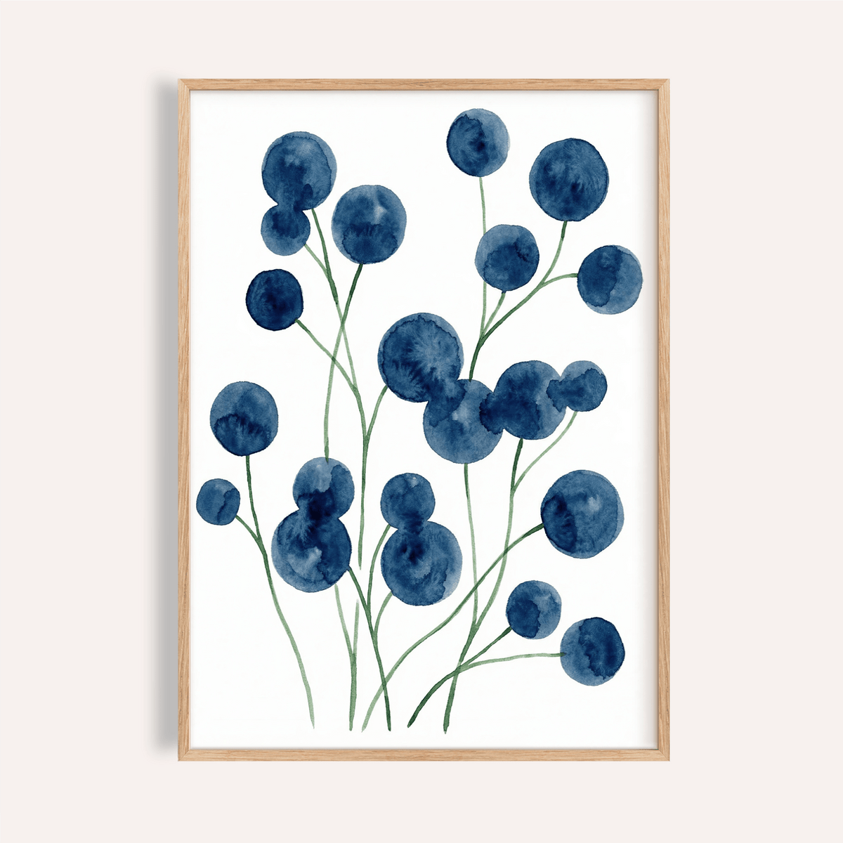 Framed close-up of watercolor flower wall art with blue blooms and green stems
