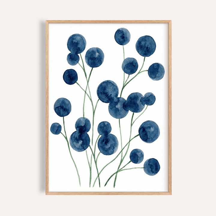 Framed close-up of watercolor flower wall art with blue blooms and green stems