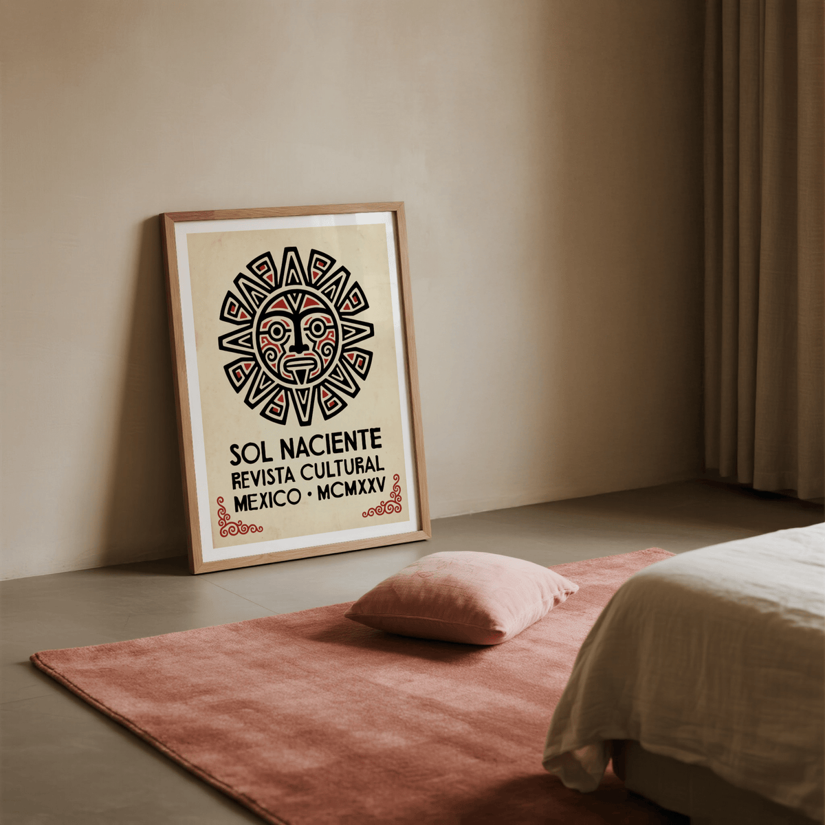 Aztec Sun Illustration Art Print leaning on the floor with folk-art style on a pink rug in a bedroom
